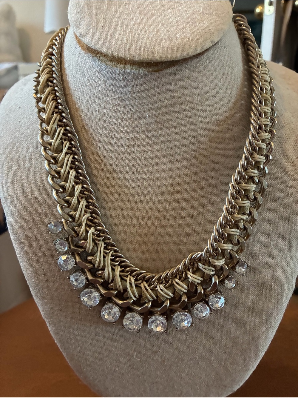 LOFT Silver Statement Bib Necklace Woven Chain Crystal Rhinestone